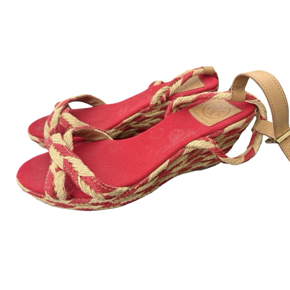 Tory Burch Camelia Jute Espadrille Wedge Sandals Size 11 red tan